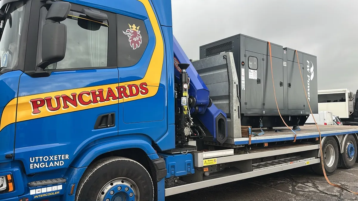 New Blackwell B220 diesel generator loaded on a crane lorry for delivery to Worcestershire