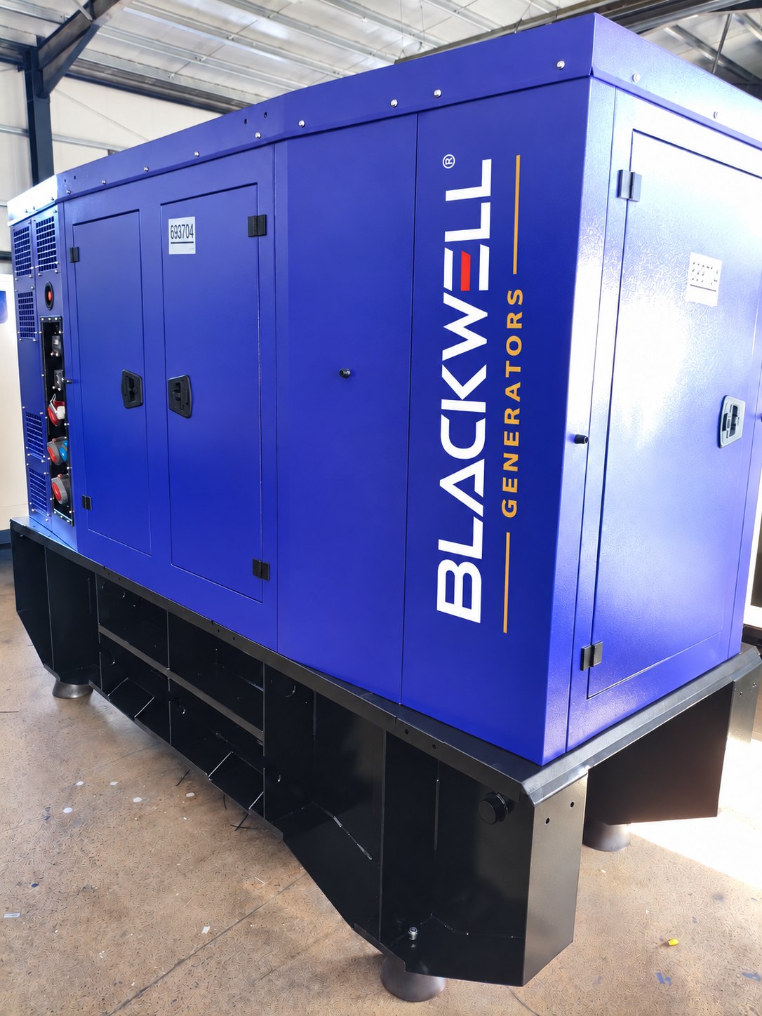 Blue Blackwell rental specification acoustic diesel generator with protected controls and socket connections